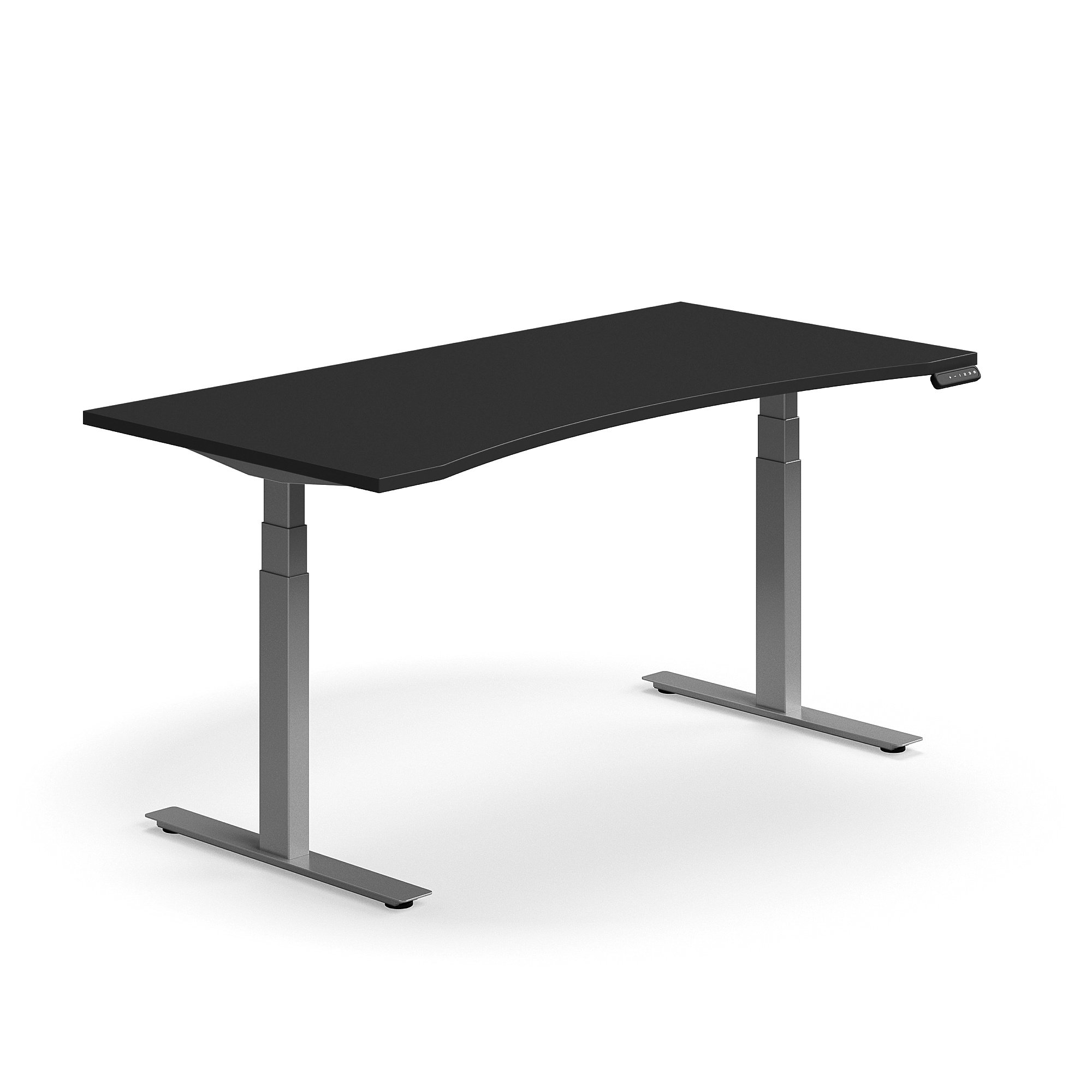 Výškově nastavitelný stůl QBUS, vykrojený, 1600x800 mm, stříbrná podnož, černá