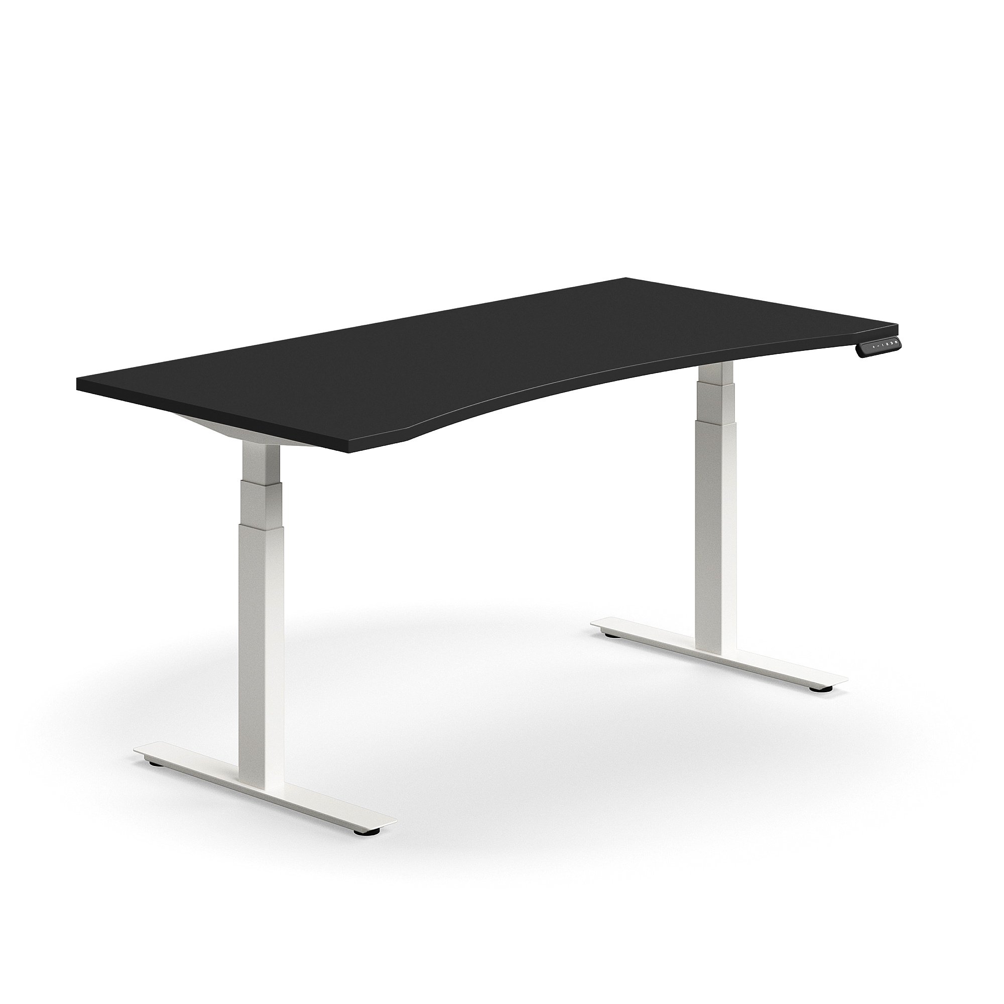 Výškově nastavitelný stůl QBUS, vykrojený, 1600x800 mm, bílá podnož, černá