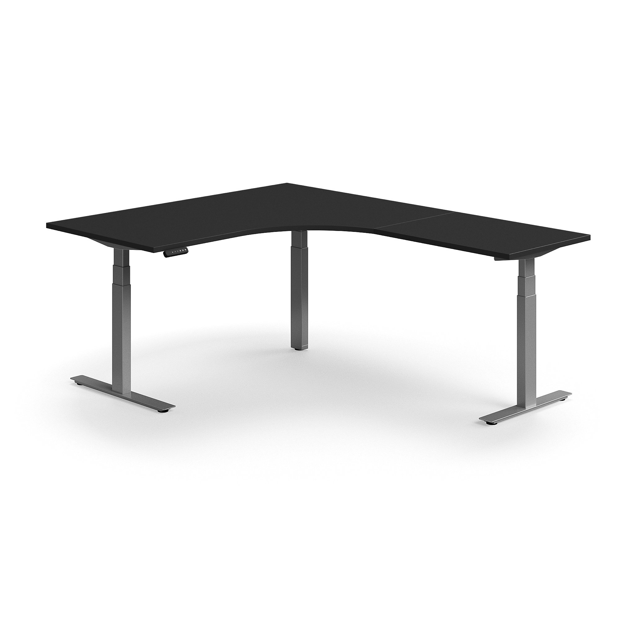 Levně Výškově nastavitelný stůl QBUS, rohový, 1600x2000 mm, stříbrná podnož, černá
