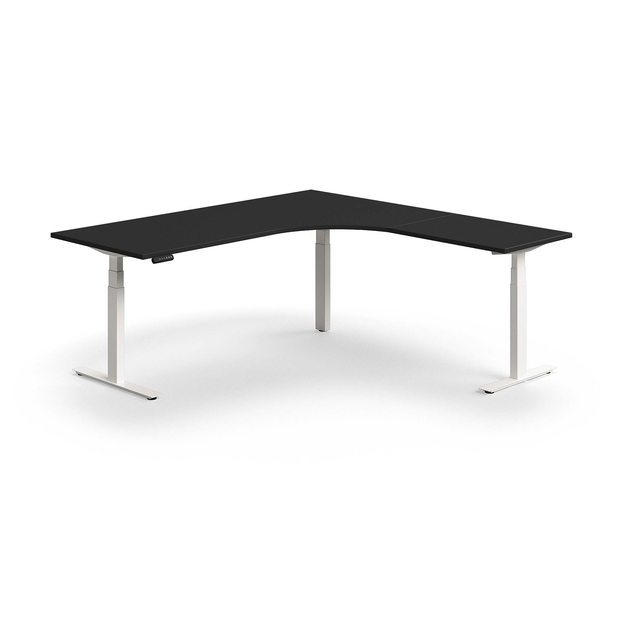 Levně Výškově nastavitelný stůl QBUS, rohový, 2000x2000 mm, bílá podnož, černá