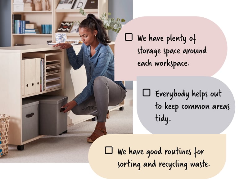 A woman organizing storage boxes