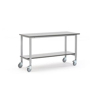 Mobile workbench MOTION with bottom shelf, 1500x600 mm, grey