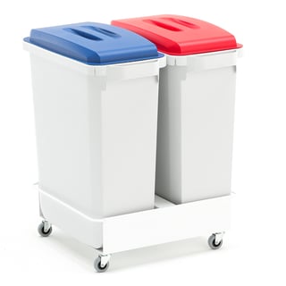 2 stk avfallsbeholder, 60 liter, med rødt/blått lokk og vogn