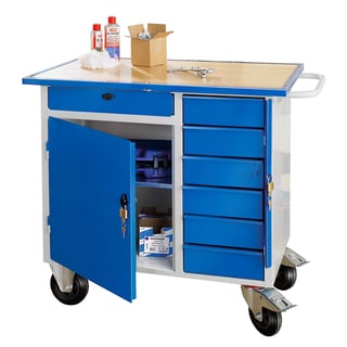 Tool bench FLEX, mobile, cabinet + 7 drawers, 990x595x900 mm