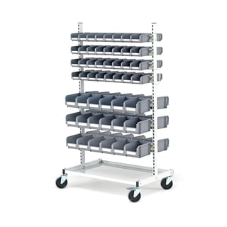 Mobile storage bin rack, 100 bins, 1625x900x600 mm