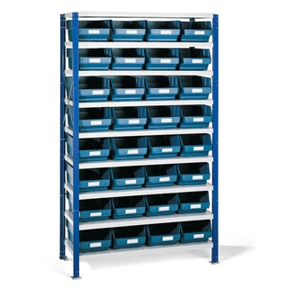 Sīkpreču plaukti REACH + MIX, komplektā 32 kastes, 1740x1000x400 mm, zils