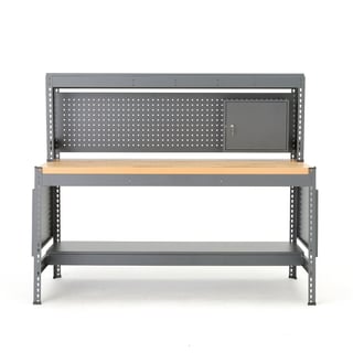 Workbench COMBO with tool panel, lighting and grey cabinet, oak top