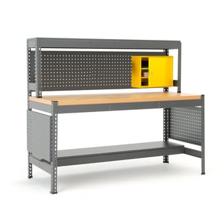 Workbench COMBO with tool panel, lighting and yellow cabinet, oak top