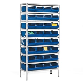 Small parts shelving POWER + AJ 9000, incl. 32 blue bins, 1970x1000x400 mm