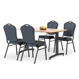 Kantinenpaket: Tisch 1200 x 800 mm, Buche und 4 Stühle, Kunstleder schwarz/schwarz