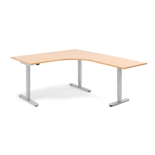 Hjørneskrivebord FLEXUS, hev/senk, L1600 B2000 H700–1170 mm, bøk laminat
