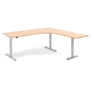 Hjørneskrivebord FLEXUS, hev/senk, 3-benstativ, L2000 B2000 H700–1170 mm, bøk