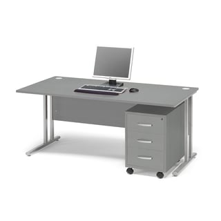 Paket FLEXUS: Schreibtisch, 1600 x 800 mm, Rollcontainer mit 3 Laden, grau
