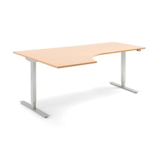 Hjørneskrivebord FLEXUS, hev/senk, L2000 B1200 H700–1170 mm, bøk laminat