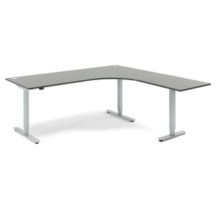 Hjørneskrivebord FLEXUS, hev/senk, 3-benstativ, L2000 B2000 H700–1170 mm, grå