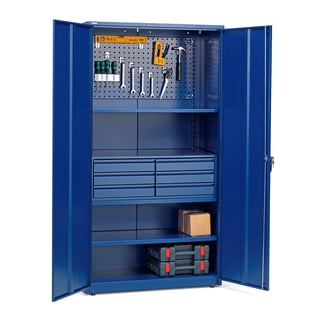 Komplett maskinskap SUPPLY, 3 hyller, 6 skuffer, panel, 1900x1020x500 mm, blå
