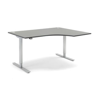 Hjørneskrivebord FLEXUS, hev/senk, L1600 B1200 H700–1170 mm, grå laminat