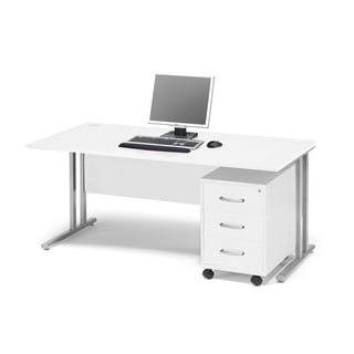 Paket FLEXUS: Schreibtisch, 1600 x 800 mm, Rollcontainer mit 3 Laden, weiß