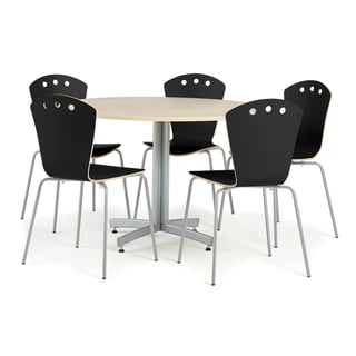 SANNA + ORLANDO, rundt kantinebord, bjørk og 5 stoler, sort
