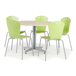 Komplet pohištva: 1 x okrogla miza prem. 1100 mm, breza + 5 zelenih stolov