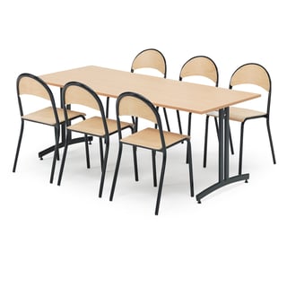 Jídelní sestava SANNA + TAMPA, stůl 1800x800 mm, buk + 6 židlí, buk/černá