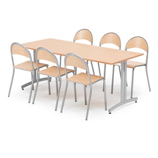 Möbelgrupp SANNA + TAMPA, 1 bord 1800x800, bok, 6 stolar i bok/grå