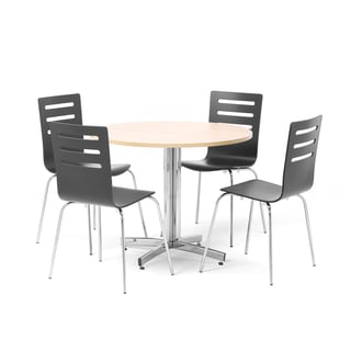 Jedálenská zostava, 1x stôl Ø 900 mm, breza/chróm, 4x stolička čierna/chróm