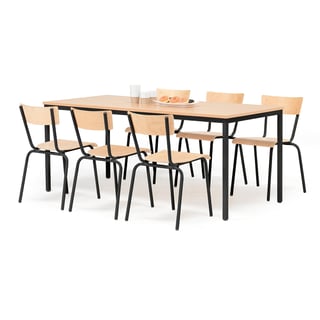 Spisegruppe: 1 bord 1800x800 mm + 6 stoler, bøk/svart