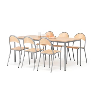 Möbelgrupp JAMIE + TAMPA, 1 bord 1800x800 mm, 6 lunchrumsstolar, bok/grå