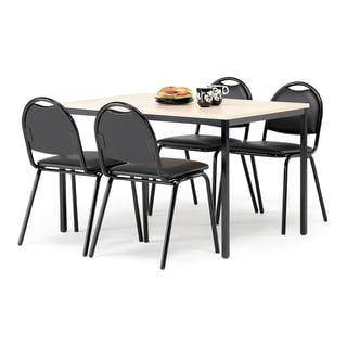 Kantinenpaket: Tisch 1200 x 800 mm, Birke und 4 Stühle, Kunstleder schwarz/schwarz