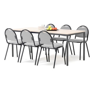 Kantinegruppe: 1 bord 1800x800 mm, birk, 6 stole, grå/sort