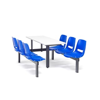 Fixed canteen units, 6 seater, wall, white with blue seats, black frame