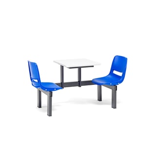 Fixed canteen units, 2 seater, wall, white with blue seats, black frame