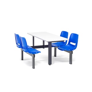 Fixed canteen units, 4 seater, wall, white with blue seats, black frame