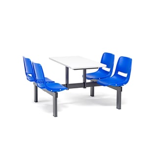 Fixed canteen units, 4 seater, 2 way, white with blue seats, black frame