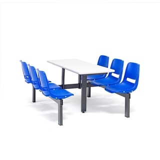 Fixed canteen units, 6 seater, 2 way, white with blue seats, black frame