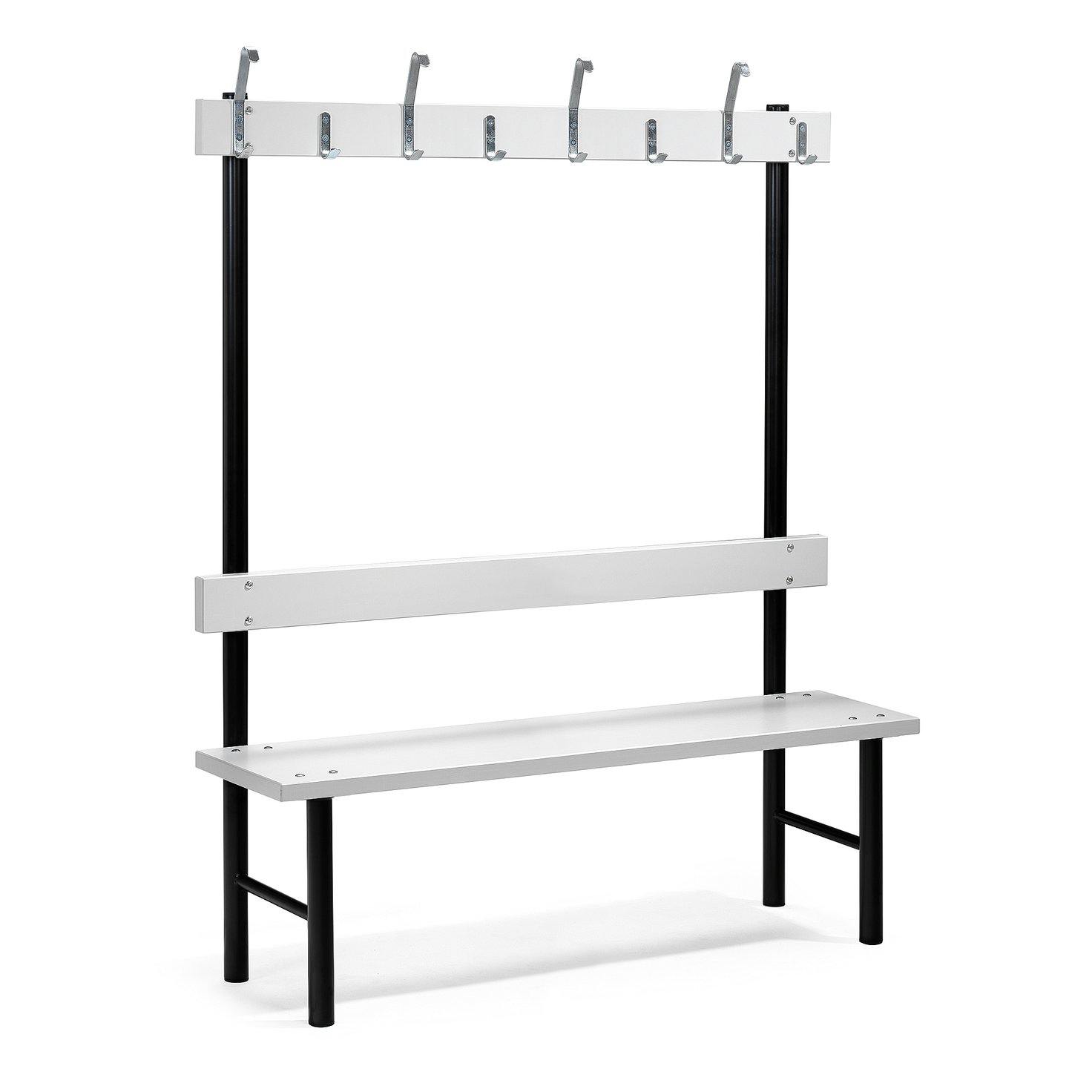 Single bench STADIUM + hook rail, 8 hooks, 1500x400x1600 mm, grey AJ