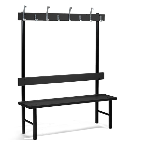 Single bench STADIUM + hook rail, 8 hooks, 1500x400x1600 mm, black AJ
