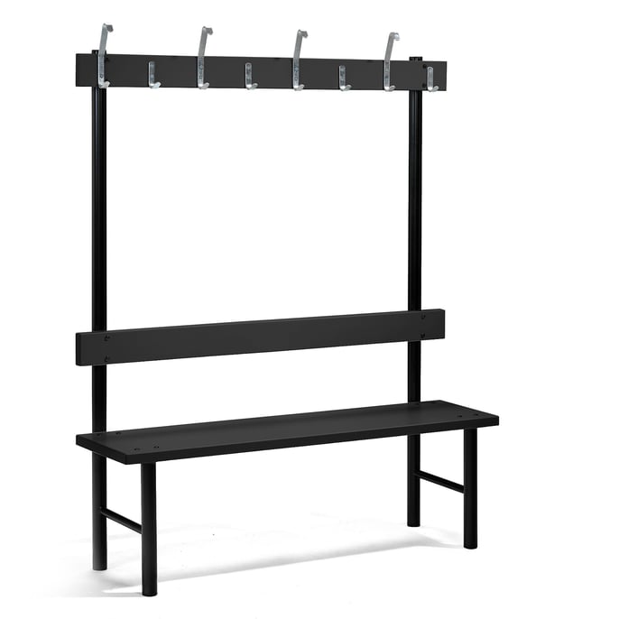 Single bench STADIUM + hook rail, 8 hooks, 1500x400x1600 mm, black AJ