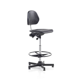 Krzesło warsztatowe RANDWICK, z podnóżkiem, 630-880 mm, czarny poliuretan