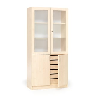 Textile cabinet THEO, drawers and half glass doors, 1000x470x2100 mm, birch