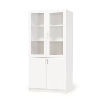 Wooden storage cabinet THEO with half glass doors, 1000x470x2100 mm, white