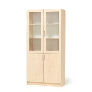Wooden storage cabinet THEO with half glass doors, 1000x320x2100 mm, birch