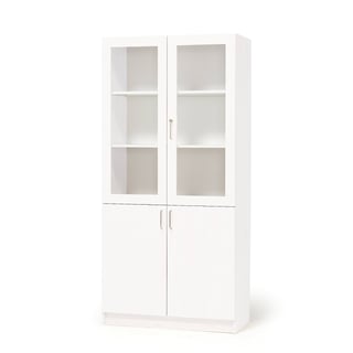Wooden storage cabinet THEO with half glass doors, 1000x320x2100 mm, white