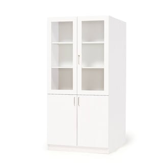 Wooden storage cabinet THEO with half glass doors, 1000x600x2100 mm, white