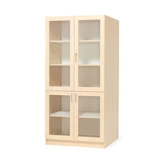 Wooden storage cabinet THEO with 4 glass doors, 1000x600x2100 mm, birch