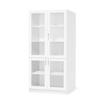 Wooden storage cabinet THEO with 4 glass doors, 1000x600x2100 mm, white