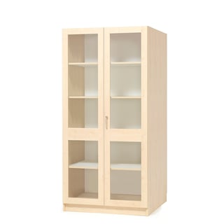 Wooden storage cabinet THEO with tall glass doors, 1000x600x2100 mm, birch