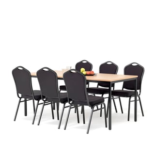 Restorano baldų komplektas, stalas + 6 kėdės, juodas audinys, bukas