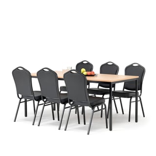 Komplet, stol 1800 x 800 mm, bukva + 6 stolica, crna umjetna koža